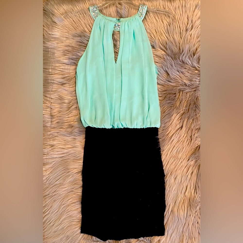Rhinestone Teal & Black Dress